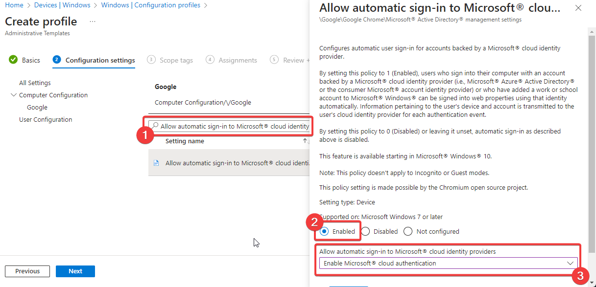 Enabling Allow automatic sign-in to Microsoft cloud identity providers in Chrome ADMX